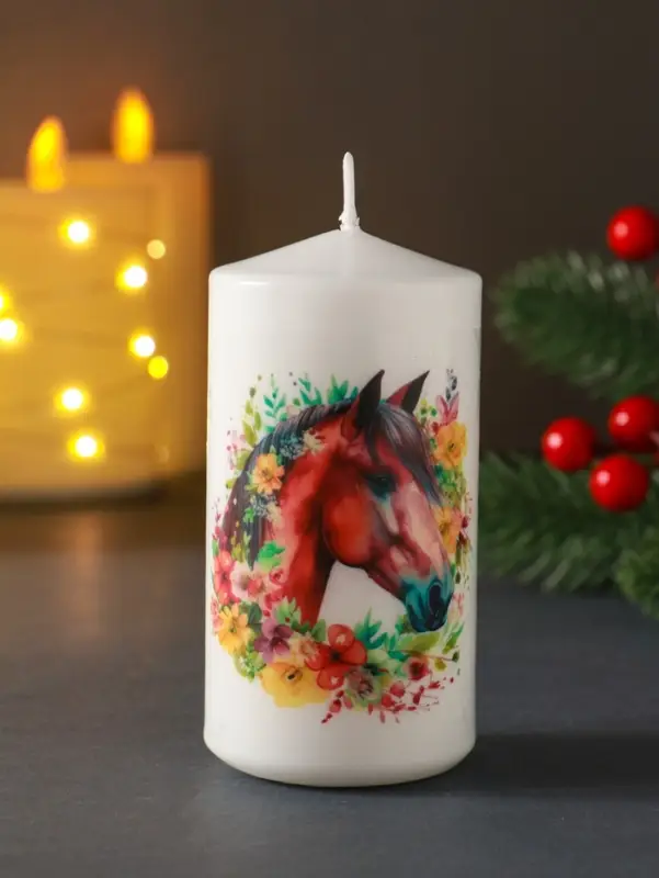 Свеча столб 50х100мм с декором, конь, белая