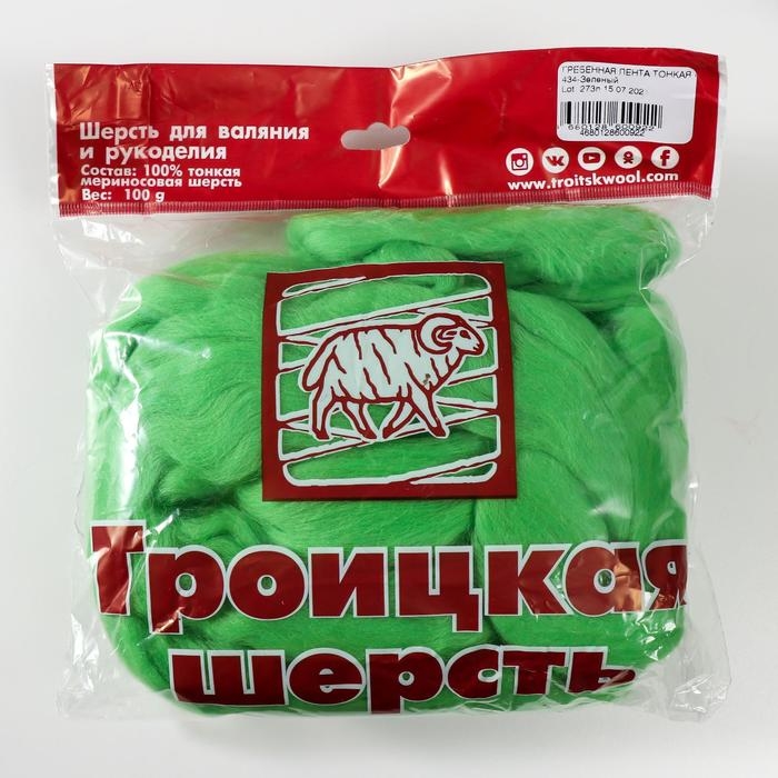Шерсть для валяния 100% тонкая мериносовая шерсть 100гр (434 зеленый)