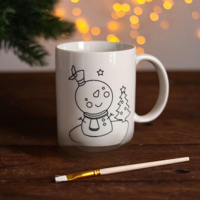 Новый год! Кружка под раскраску &laquo;Снеговик с ёлочкой&raquo;, кисть