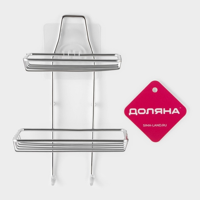 Мыльница 2-х ярусная на липучке Доляна, 2 крючка, 14,5&times;10&times;21 см, цвет хром