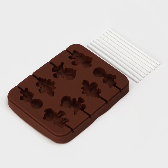 Форма для леденцов Доляна &laquo;Дино&raquo;, силикон, 14&times;11&times;1,5 см, 8 ячеек, с палочками, цвет коричневый