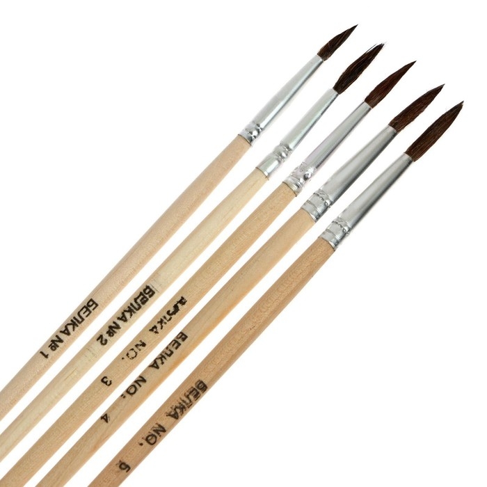 Набор кистей белка круглые 5 штук (№1,2,3,4,5) с деревянными ручками на блистере Набор кистей белка круглые 5 штук (№1,2,3,4,5) с деревянными ручками на блистере