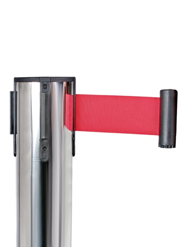 Стойка ограждения сер с вытяжной лентой-470см КРАСНАЯ,высота-90см,d- 8см,напольный d-35см