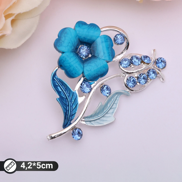 Брошь &laquo;Цветение&raquo;, цвет морской в серебре