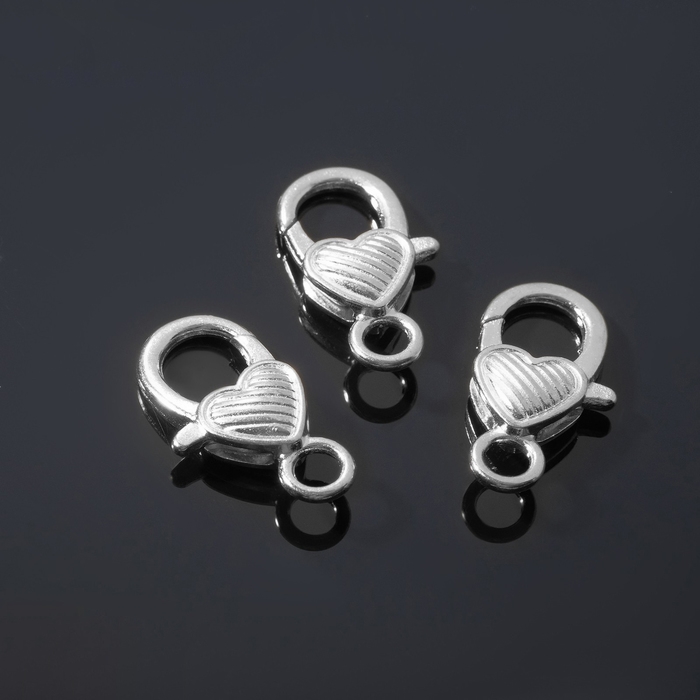 Замок-карабин &laquo;Сердечко&raquo; полосатое, (набор 3 шт.), 14&times;26 мм, цвет серебро