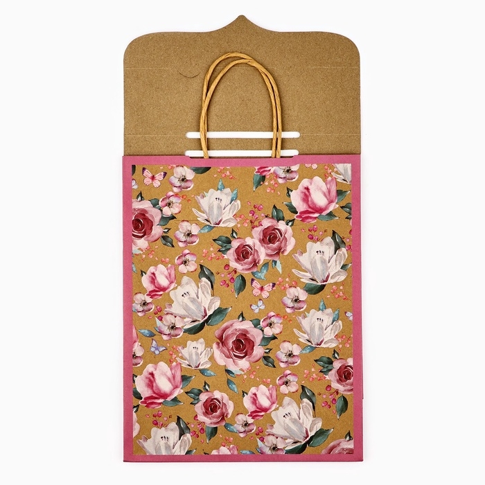Пакет с клапаном &laquo;Цветы&raquo;, крафт, глиттер, 19,5 &times; 10 &times; 25.2 см