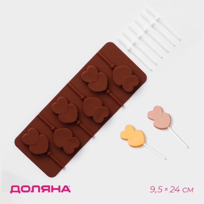Форма для леденцов Доляна &laquo;Влюблённость&raquo;, силикон, 9,5&times;24&times;1 см, 6 ячеек (4,2&times;3,3 см), с палочками, цвет МИКС