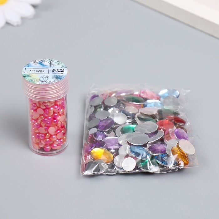 Декор "Полубусины и стразы. Градиент розово-кремовый" d=4 мм 10г 200 шт 5х2,5 см, МИКС