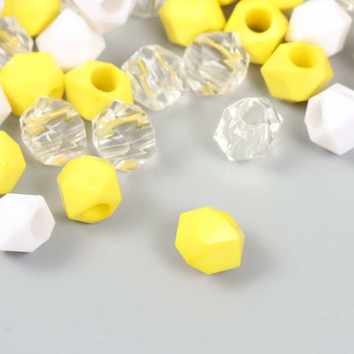 Бусины пластик "Кристалл многогранник. Жёлтый, белый, прозрачный" набор 30 гр 1х1х1 см