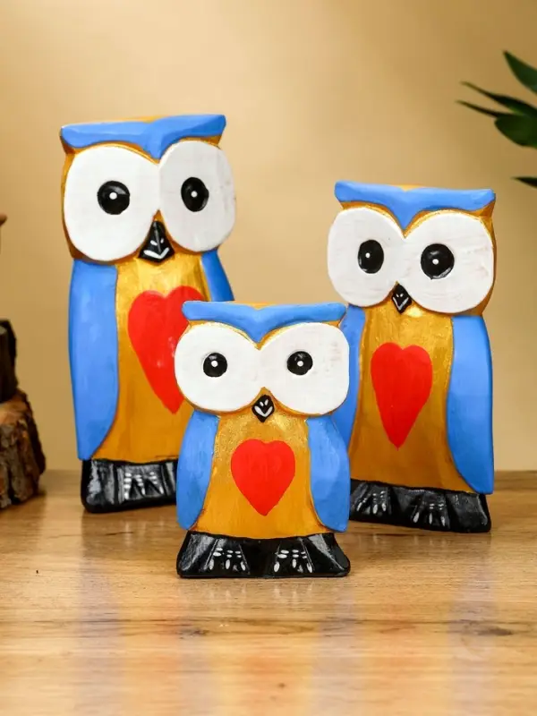 Набор сувенирный "Совята с сердечком" дерево H 15, 13, 11 см, цв. голубой с золотом