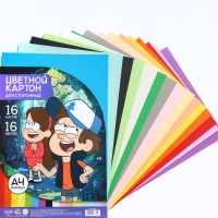 Цветной картон, А4, 16 листов, 16 цветов, немелованный, двусторонний, в папке, 180 г/м&sup2;, &laquo;Гравити Фолз&raquo;