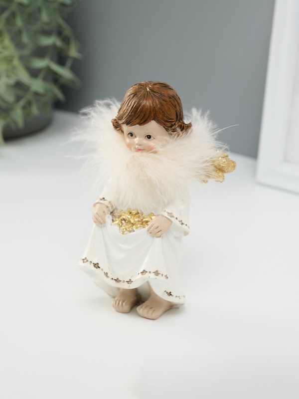 Сувенир полистоун "Ангелочек со звёздами в подоле" пух, золотые крылья 8,5х7х13 см
