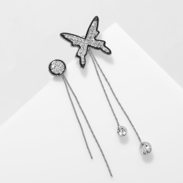 Серьги висячие со стразами &laquo;Бабочка&raquo; и круг, цвет чёрно-белый в серебре