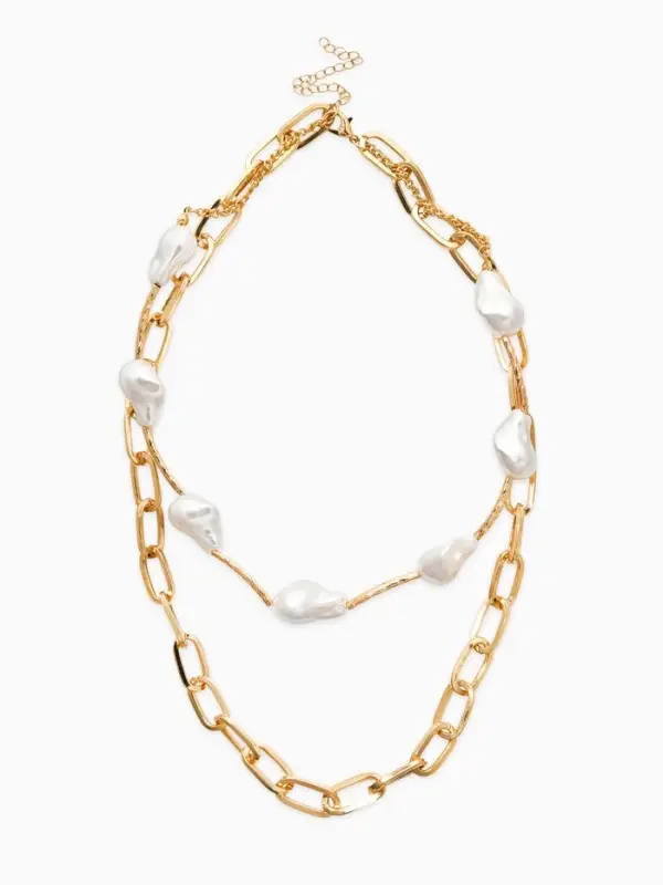 Колье "Жемчуг" борокко, цепь, 2 яруса, цвет белый в золоте