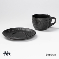 Чайная пара Magistro Black style, 2 предмета: чашка 200 мл, блюдце d=14,5 см, фарфор, чёрная