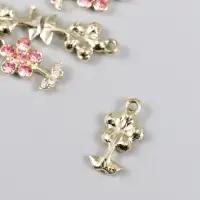 Декор для творчества металл, стразы "Цветочек розовый с листиками" золото 1,1х2 см