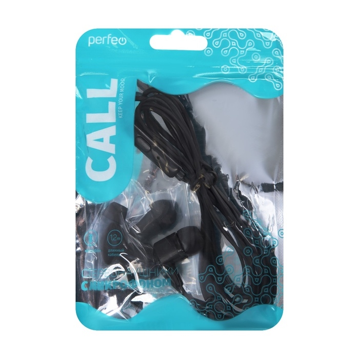Наушники Perfeo CALL, вакуумные, проводные, микрофон, 104 дБ, 32 Ом, 3.5 мм, 1.2 м, пакет, черные