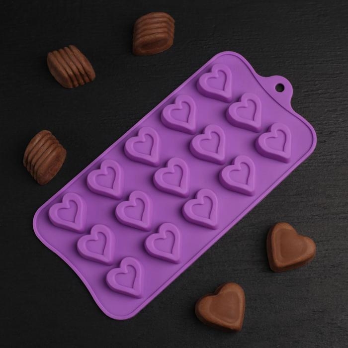 Форма для конфет и шоколада Доляна &laquo;Сердечко&raquo;, силикон, 21&times;10 см, 15 ячеек (2,7&times;2,8 см), цвет МИКС