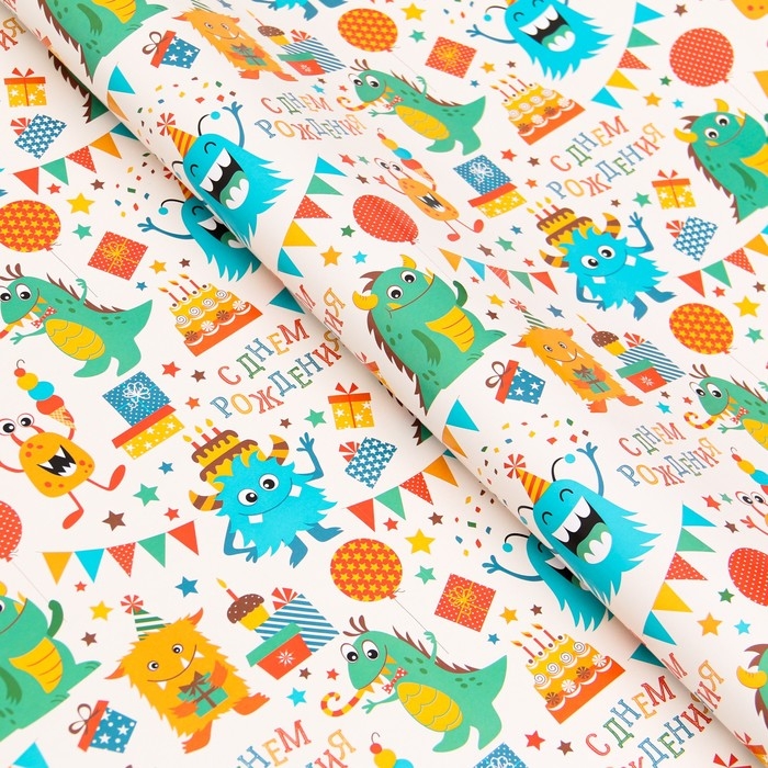 Бумага упаковочная глянцевая &laquo;Динозаврик&raquo;, 70 &times; 100 см , 1 шт.