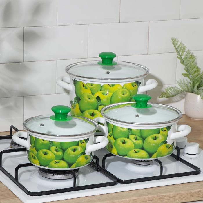 Набор кастрюль &laquo;Поздние яблоки&raquo;, 3 предмета: 1,5 л, 2,3 л, 5 л, стеклянные крышки, индукция