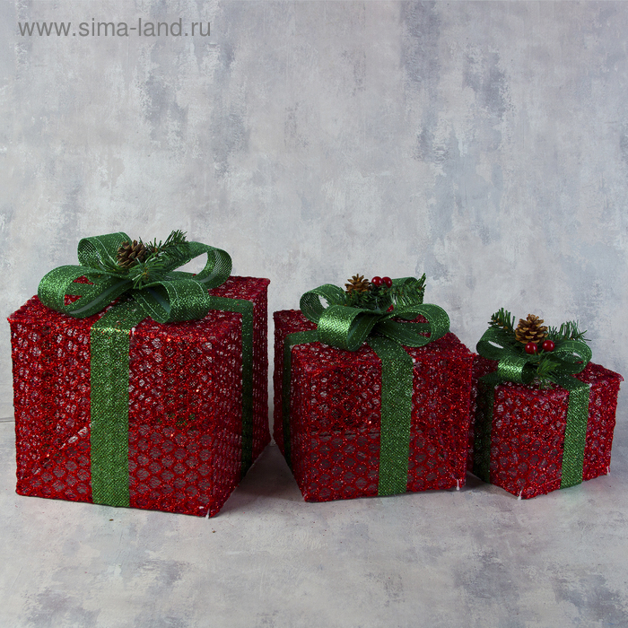 Светодиодная фигура &laquo;Подарки с зелёной лентой&raquo; 15, 20, 25 см, текстиль, металл, 220 В, свечение тёплое белое