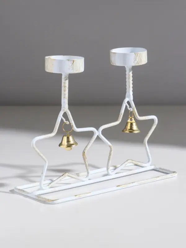 Подсвечник металл на 2 свечи "Две звезды" белый с патиной d=5 см 18,5х7,3х14,8 см