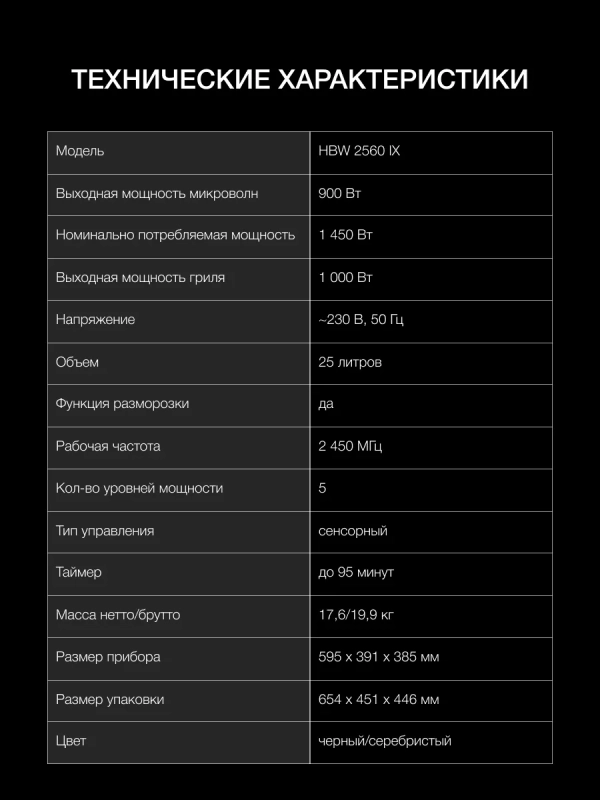 Микроволновая Печь HBW 2560 IX 25л. 900Вт