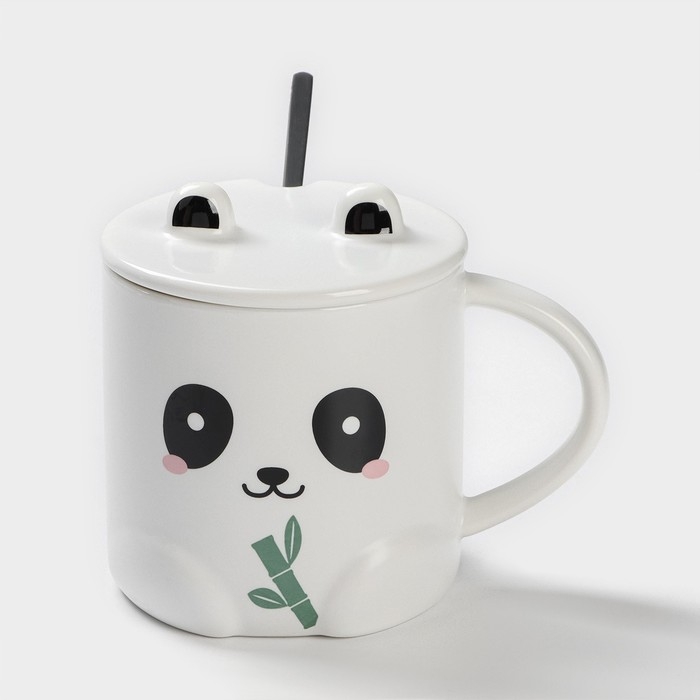 Кружка керамическая с ложкой &laquo;Панда&raquo;, 350 мл, цвет белый