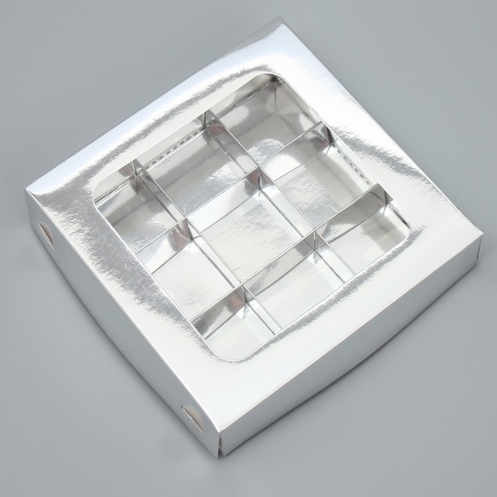 Коробка для конфет, кондитерская упаковка, 9 ячеек, &laquo;Серебристая&raquo;, 14.7 х 14.7 х 3.5 см