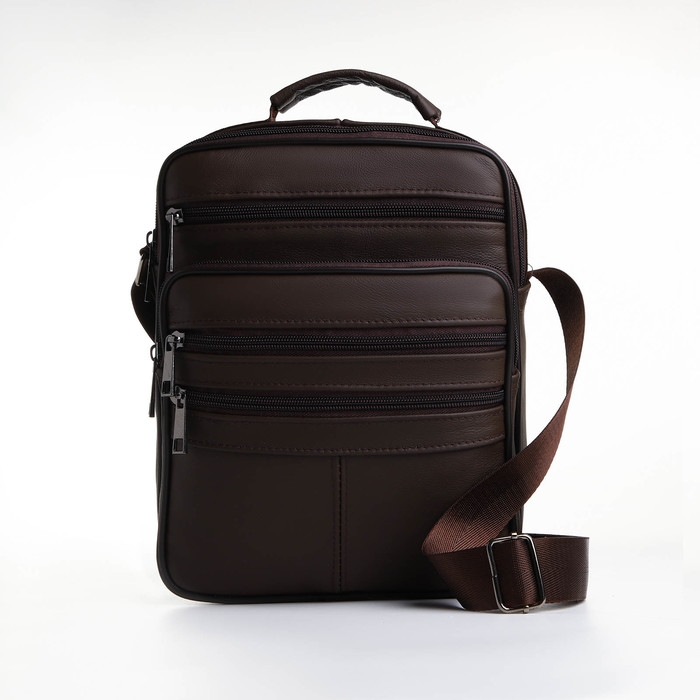 Сумка мужская на молниях, длинный ремень, цвет коричневый