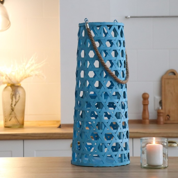 Подсвечник дерево "Фонарик. Звёздное плетение" голубой 51х16х16 см