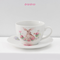 Сервиз фарфоровый чайный Доляна &laquo;Зайка&raquo;, 12 предметов: 6 чашек 250 мл, 6 блюдец d=15 см, цвет белый