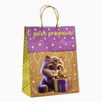 Пакет с клапаном &laquo;С Днём рождения&raquo;, котик, крафт, глиттер, 19,5 &times; 10 &times; 25.2 см