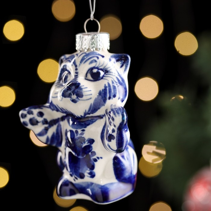 Ёлочная игрушка "Кошка", гжель, фарфор,  h=8см