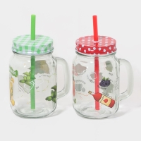 Набор кружек стеклянных Доляна &laquo;Яркий лимонад&raquo;, 2 предмета: 2 кружки с крышками и трубочками 450 мл