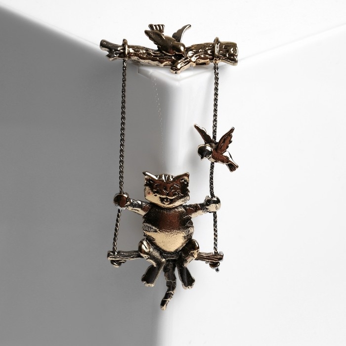 Брошь &laquo;Кот на качелях&raquo;, цвет чернёное золото