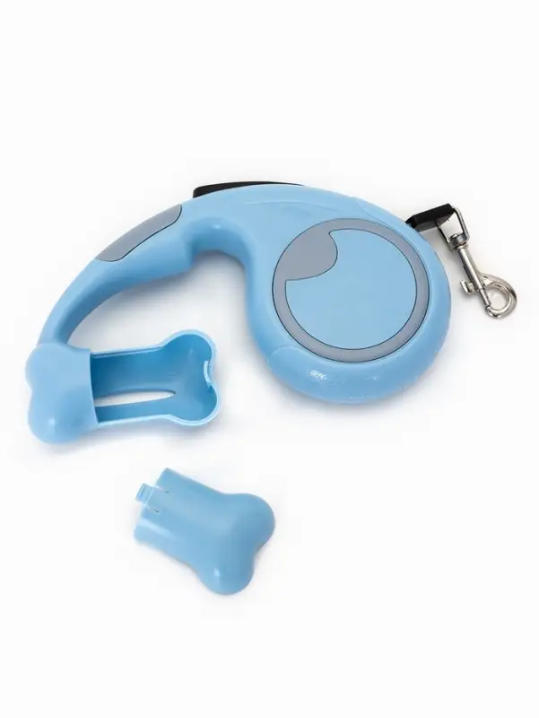 Рулетка - поводок "Косточка", с контейнером для пакетов, трос 3 м, голубая/серая