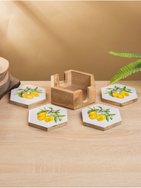 Подставка под горячее (набор 4 шт) "Лимоны" дерево манго 15х13х5 см