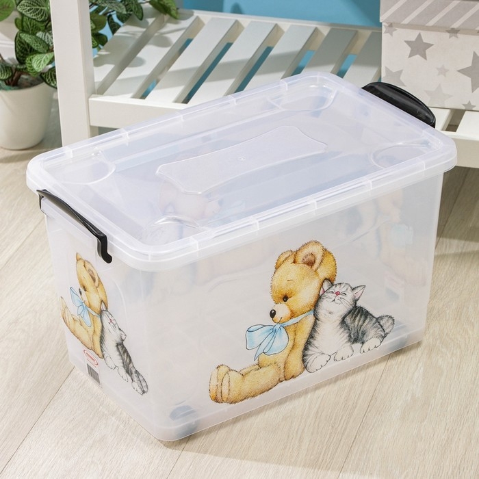 Контейнер для хранения &laquo;Мишка и котёнок&raquo;, 35 л, 50,5&times;31,5&times;28 см, на колёсиках, прозрачный