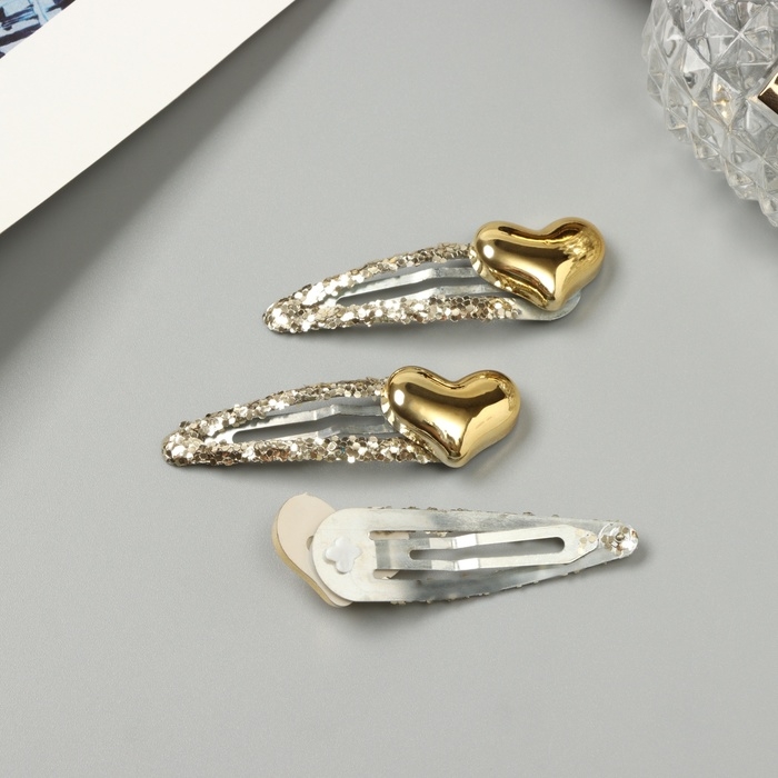 Невидимка для волос "Агата" (набор 3 шт) сердце, 5 см, золото