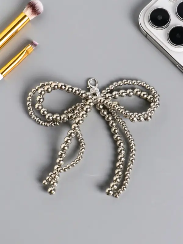 Брелок на карабине "Двойной бант" серебро, бусины d=0,4 и 0,5 см 11,5х9,5х1 см