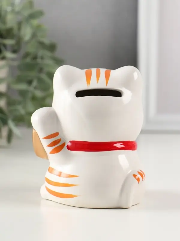Копилка керамика "Манэки-нэко - иероглиф удача" оранж 7,2х8,3х10 см