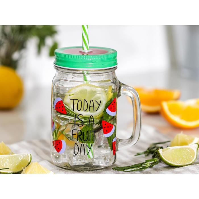 Банка стеклянная с крышкой и трубочкой Доляна &laquo;Счастливый день&raquo;, 450 мл, 10,5&times;7,5&times;13 см, цвет МИКС