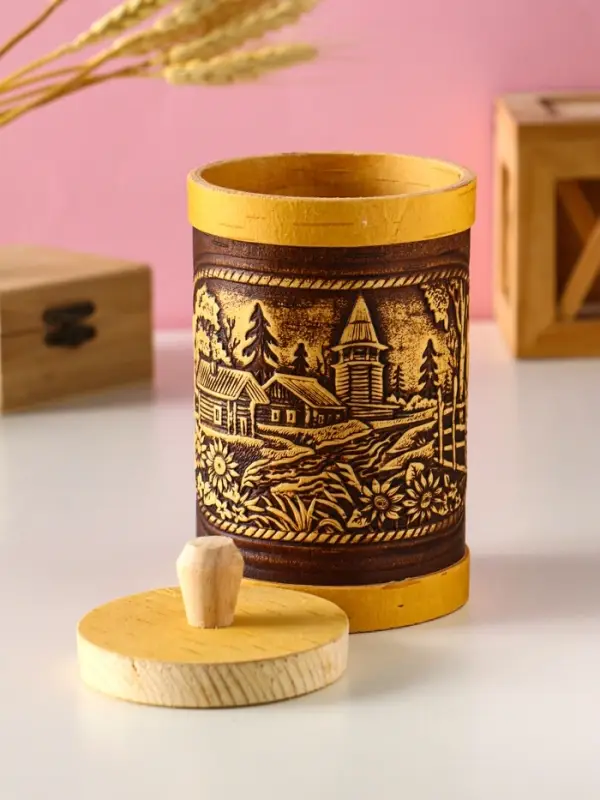 Туес "Деревенька", D8смхH(с хватком)15,5см, береста