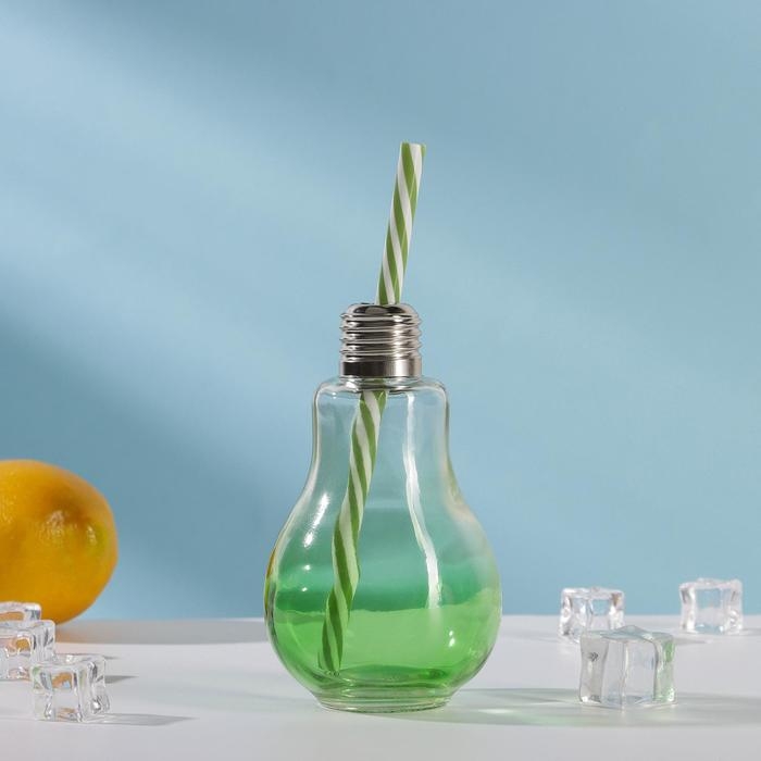 Бокал стеклянный для коктейля Доляна &laquo;Лампочка&raquo;, 250 мл, с трубочкой, откручивающаяся крышка, цвет МИКС