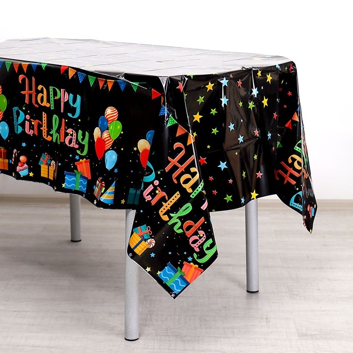 Скатерть &laquo;С днём рождения&raquo;, 137 &times; 183 см, чёрная