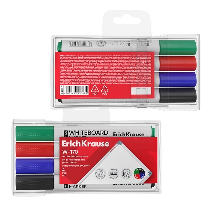 Набор маркеров для досок ErichKrause W-170, 4 штуки, 2.0 мм, чернила на спиртовой основе, чёрный, синий, красный, зелёный
