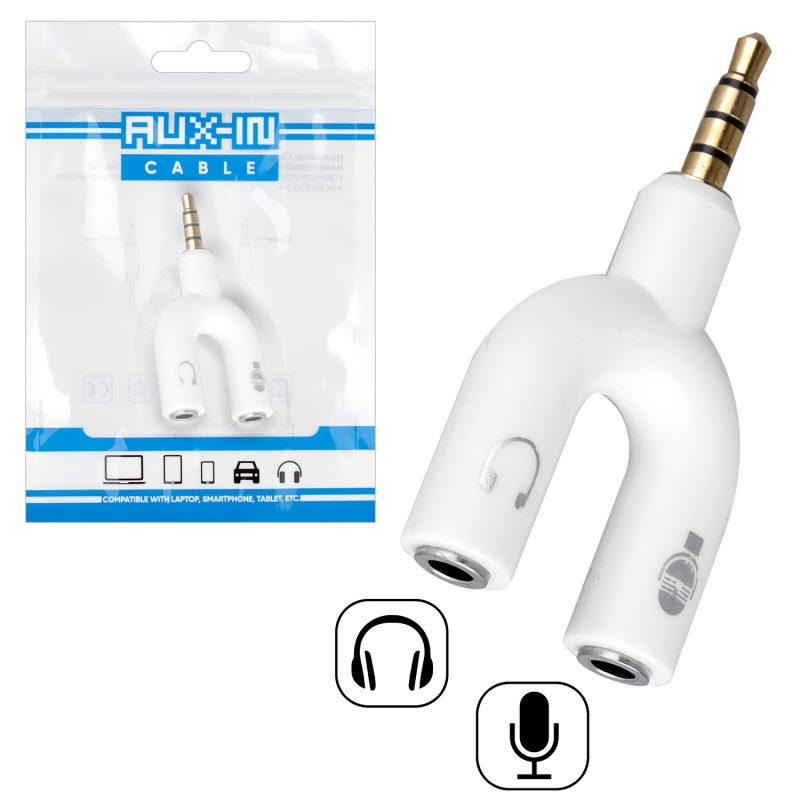Переходник AUX на 2 AUX N-101  (под наушники + микрофон) белый (1000 шт/кор)