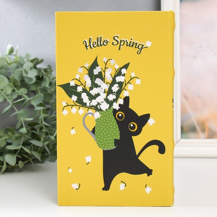 Сейф-книга дерево кожзам "Чёрный кот с ландышами в вазе" 21х13х5 см