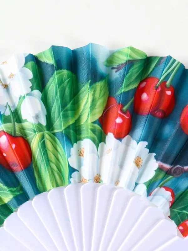 Веер пластик, текстиль "Вишня и цветки" МИКС 23 см